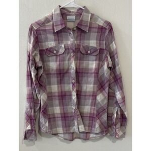 Columbia Women's Medium Plaid‎ Shirt Pink White Gray Button Up Long Sleeve